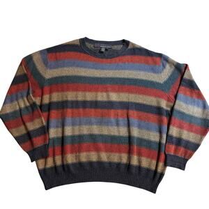 Tricots St Raphael Silk Cashmere Knit Crew Neck Tan Blue Striped Sweater Large